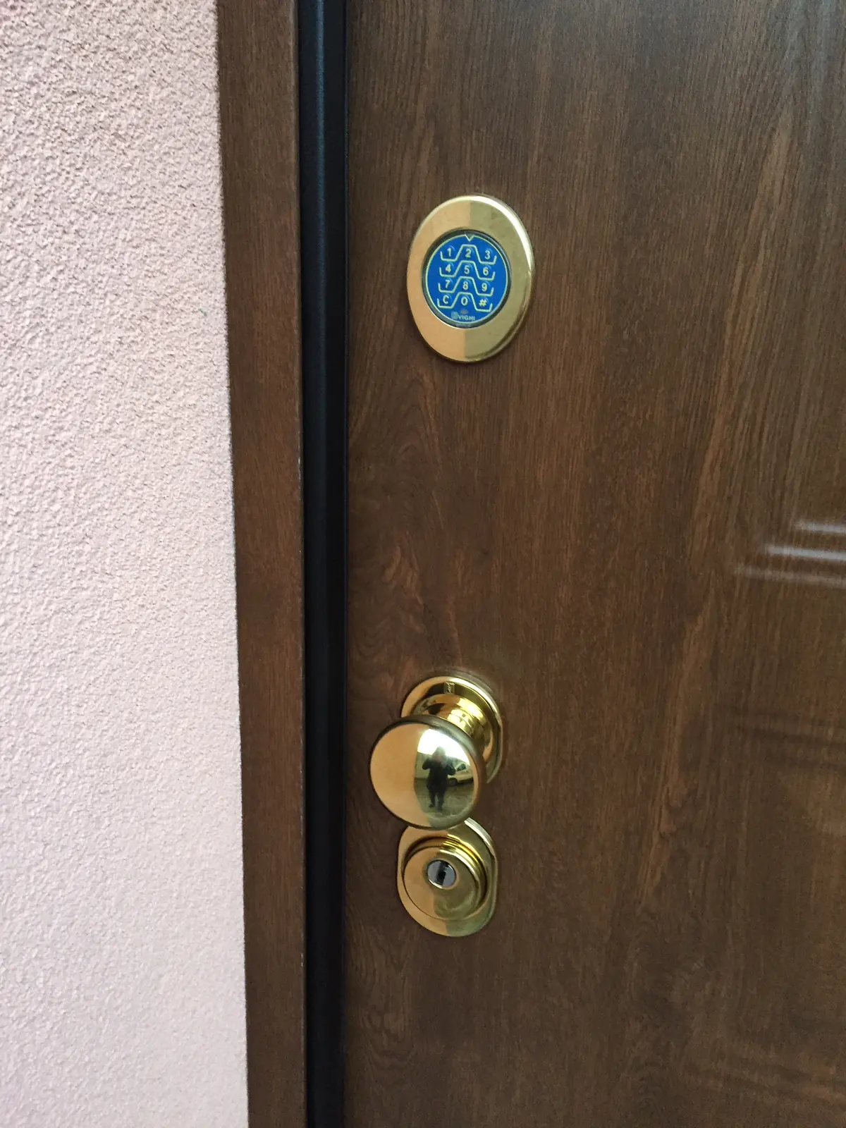 Particolare del cilindro di sicurezza con defender su una porta blindata